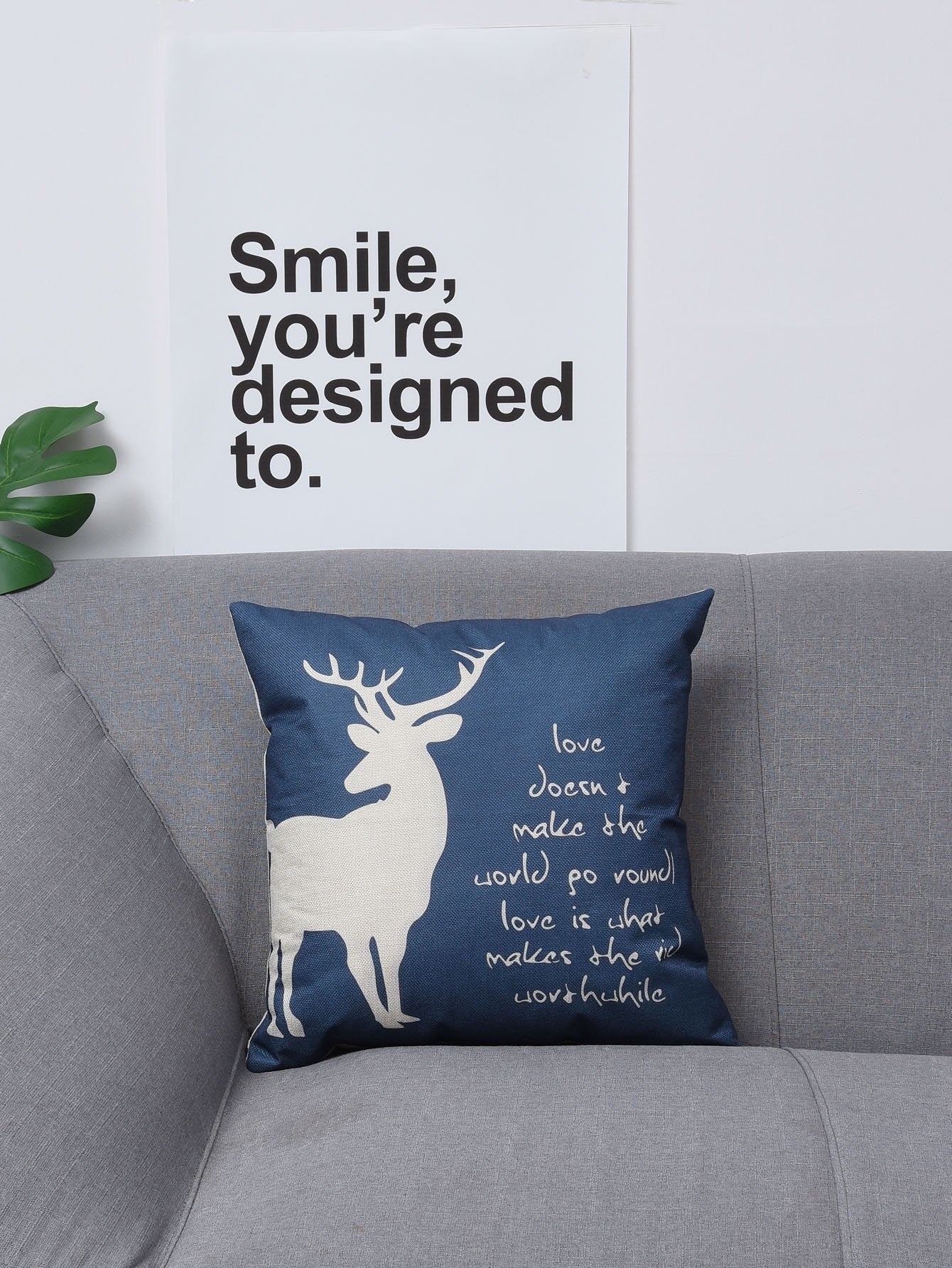 Deer & Slogan Print Cushion Cover