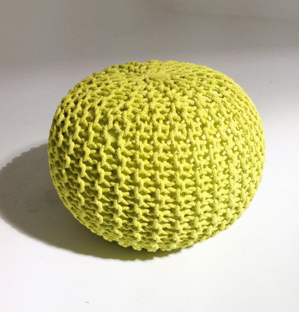 Handmade Round Knitted Pouf | Sunny Lime | 50x35cm