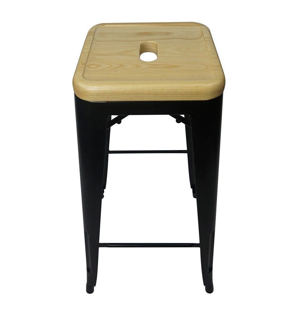Tolix Style Bar Stool Black - Natural Wooden Seat - Reproduction