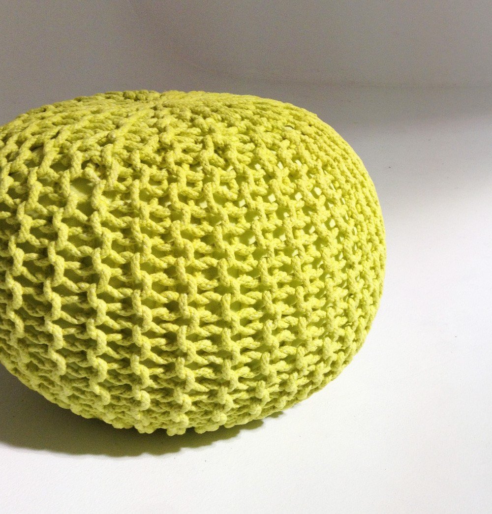 Handmade Round Knitted Pouf | Sunny Lime | 50x35cm