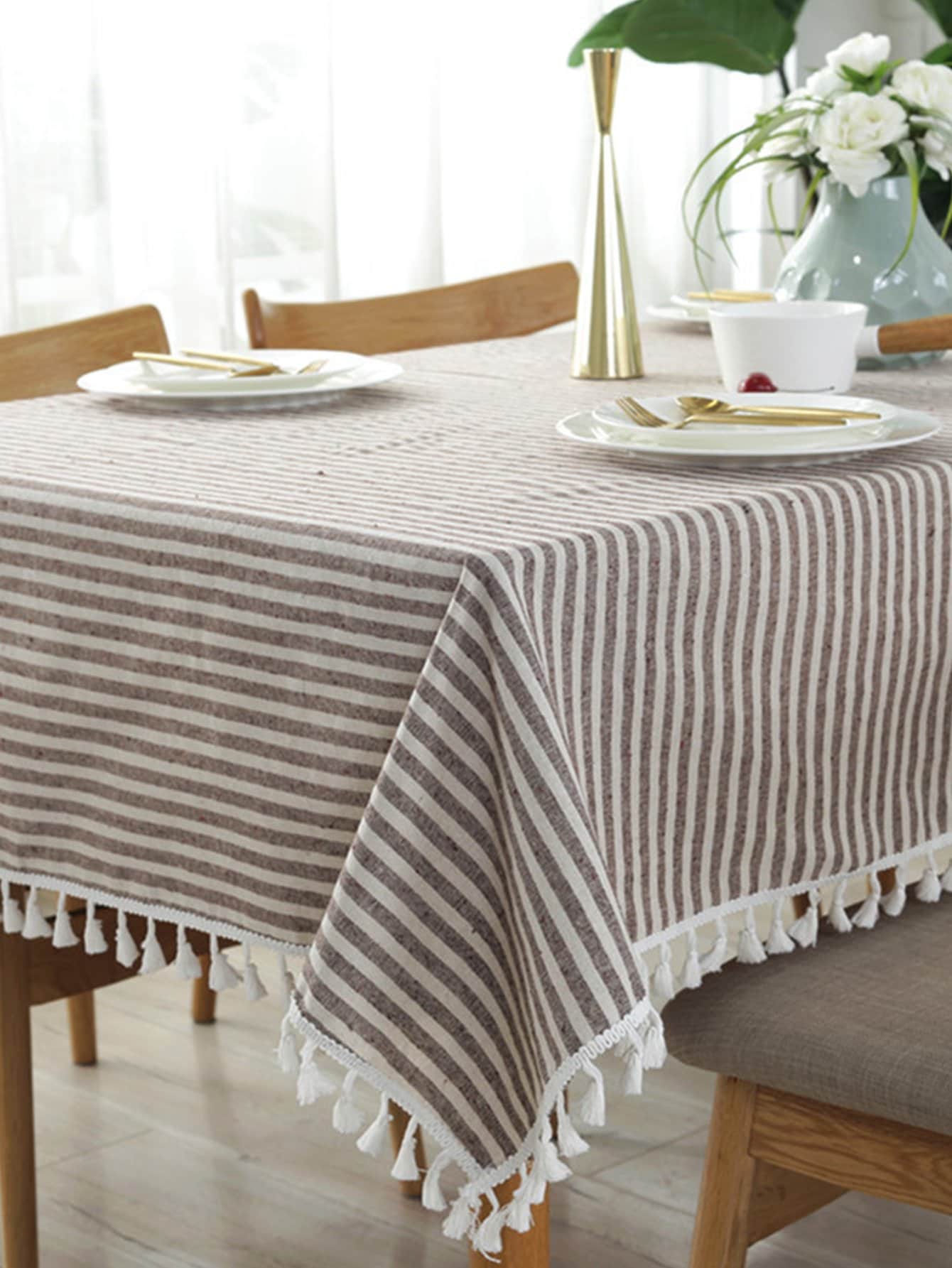 Striped Pattern Fringe Tablecloth