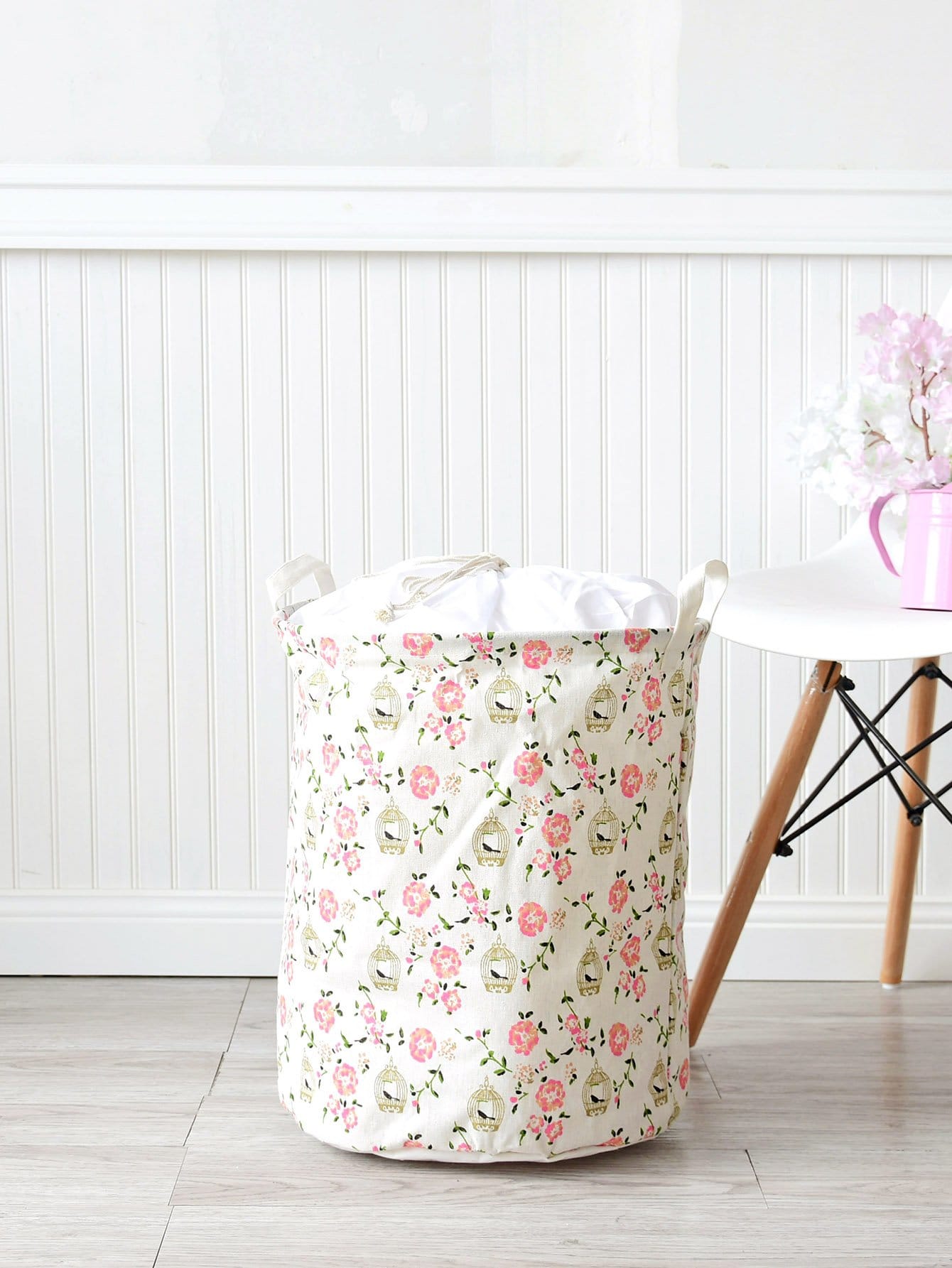 Flower Overlay Print Round Storage Basket