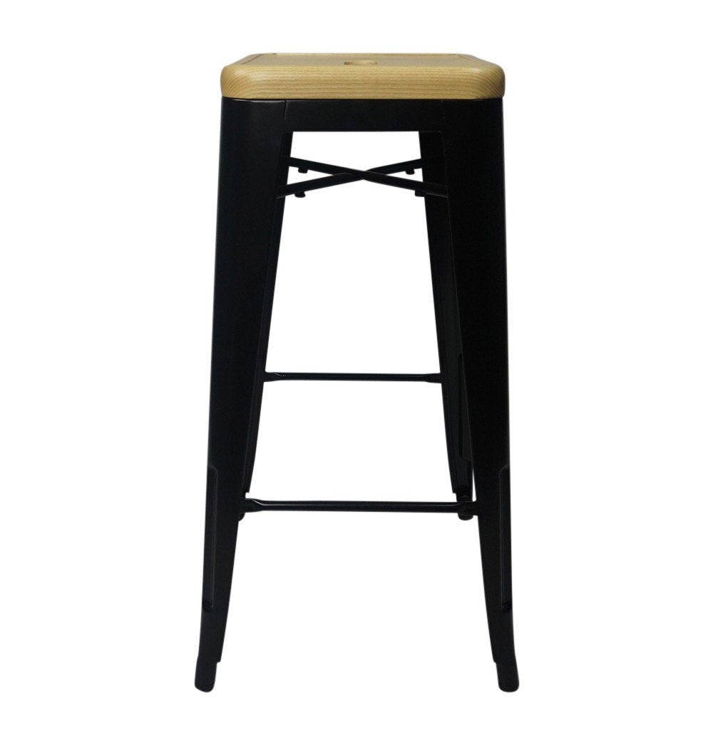 Tolix Style Bar Stool Black - Natural Wooden Seat - Reproduction